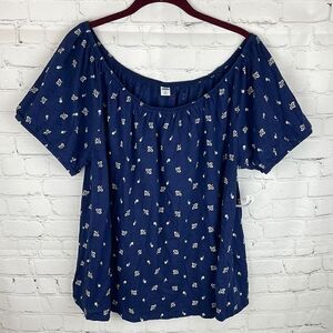 Old Navy Blue Off Shoulder Blouse with White Flowers Size XL NWT